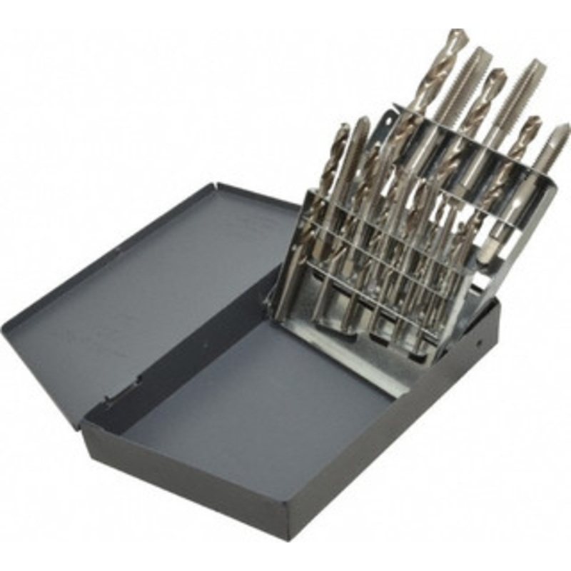 Hertel #36, #29, #25, #21, #7 Drill, F to U Drill, #6-32 to 1/2-13 Tap, Spiral Point Tap and Drill Set Bright Finish High Speed Steel Drills, Bright Finish High Speed Steel Taps, Plug Chamfer, 18 Piece Set 780X – 59337543