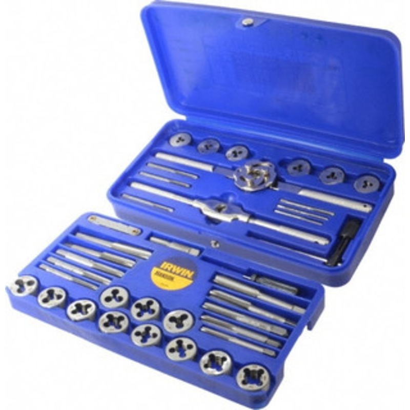 IRWIN HANSON Tap & Die Set: #4-40 to 1/2-20 Taps, #4-40 to 1/2-20 Dies, NPT, UNC & UNF Carbon Steel, Bright Finish, Round Dies, 39 Pc 23614 – 03959228