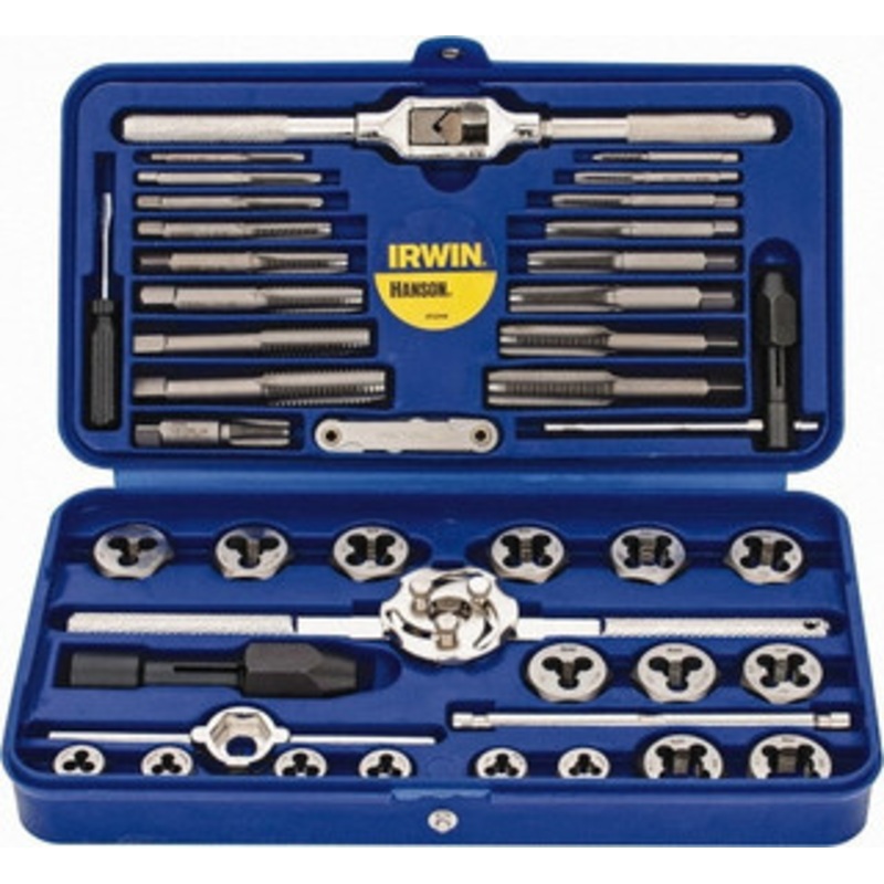 IRWIN HANSON Tap & Die Set: #4-40 to 1/2-20 Taps, #4-40 to 1/2-20 Dies, NPT, UNC & UNF Carbon Steel, Bright Finish, 1 Hex Dies, 41 Pc 24606 – 03959335