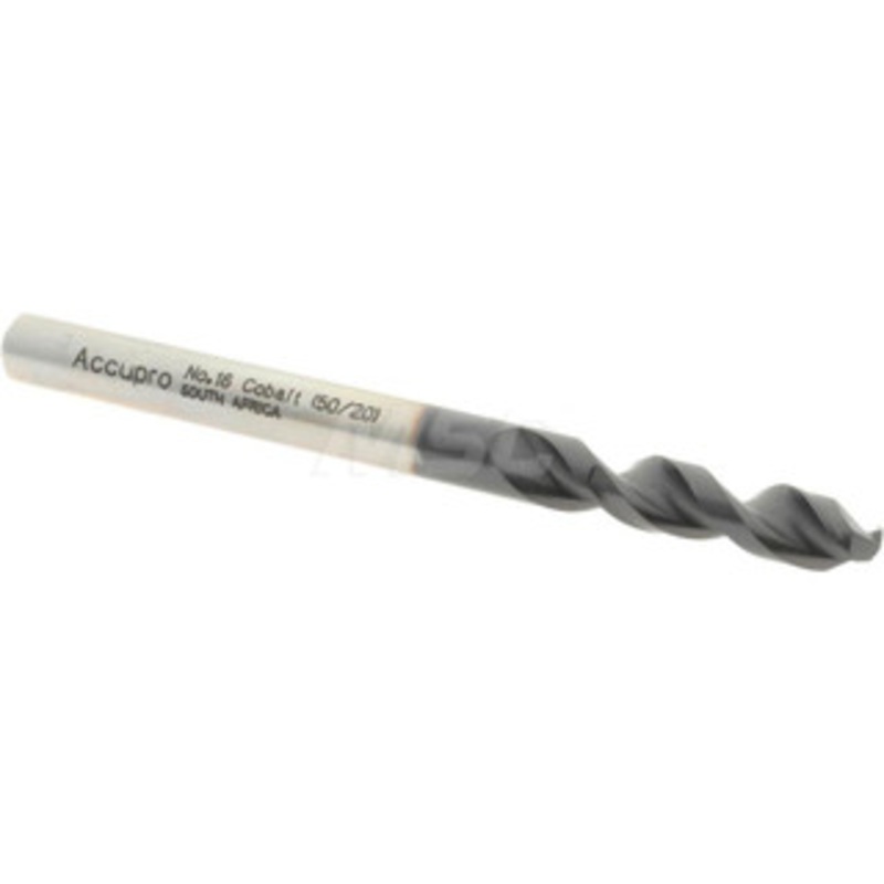Accupro #16 130 Parabolic Flute Cobalt Screw Machine Drill Bit TiAlN Finish, Right Hand Cut, 0.945 Flute Length, 2.283 OAL, Split Point, Straight Shank 1630449A-AC – 01348903