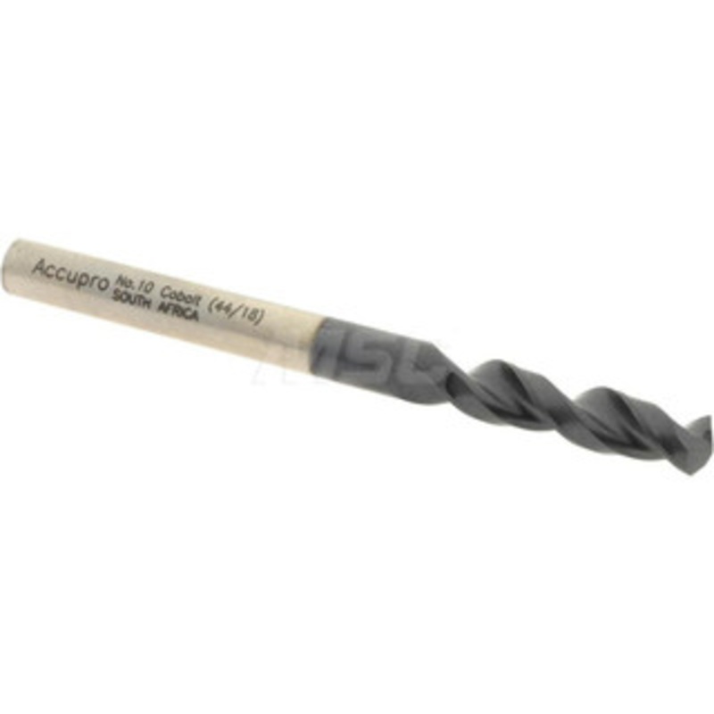 Accupro #10 130 Parabolic Flute Cobalt Screw Machine Drill Bit TiAlN Finish, Right Hand Cut, 1.024 Flute Length, 2.441 OAL, Split Point, Straight Shank 1630492A-AC – 01349000