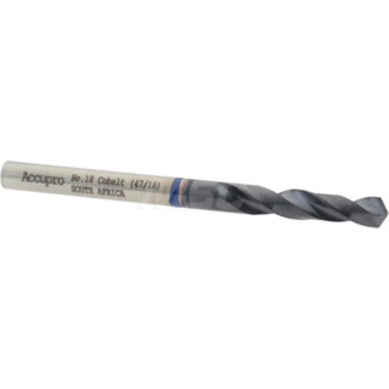 Accupro #18 120 Spiral Flute Cobalt Screw Machine Drill Bit TiAlN Finish, Right Hand Cut, 24mm Flute Length, 58mm OAL, Faceted Point, Straight Shank 1BS0431-AC – 05493549