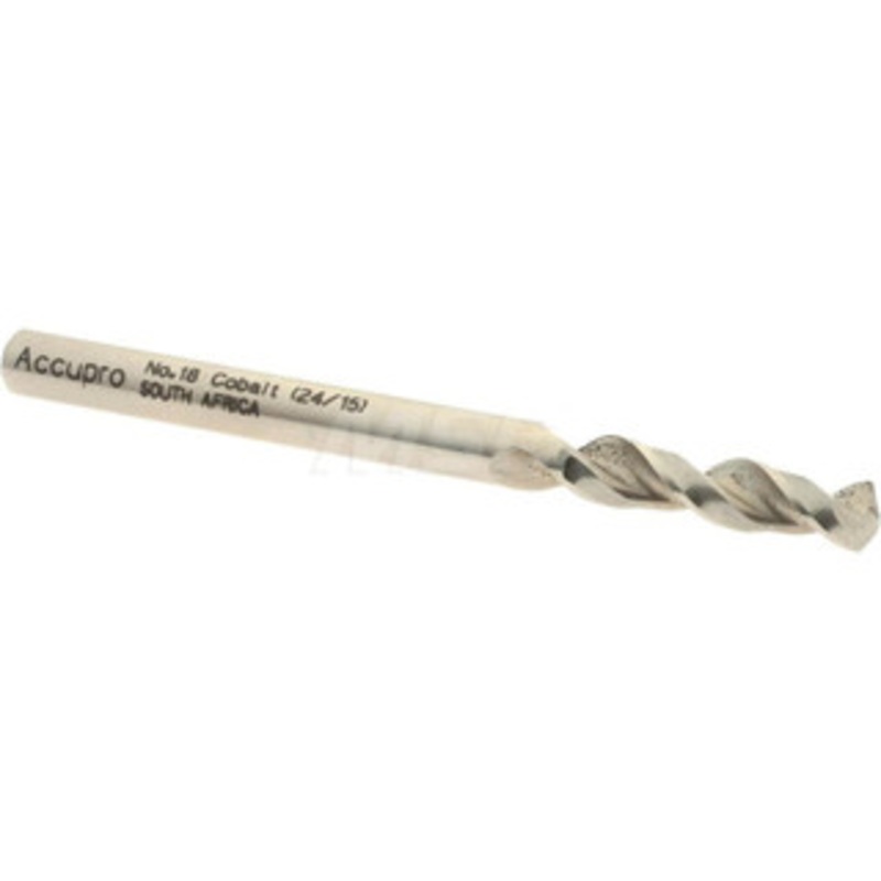 Accupro #18 130 Parabolic Flute Cobalt Screw Machine Drill Bit Bright Finish, Right Hand Cut, 0.945 Flute Length, 2.283 OAL, Split Point, Straight Shank 1630431-AC – 01331933