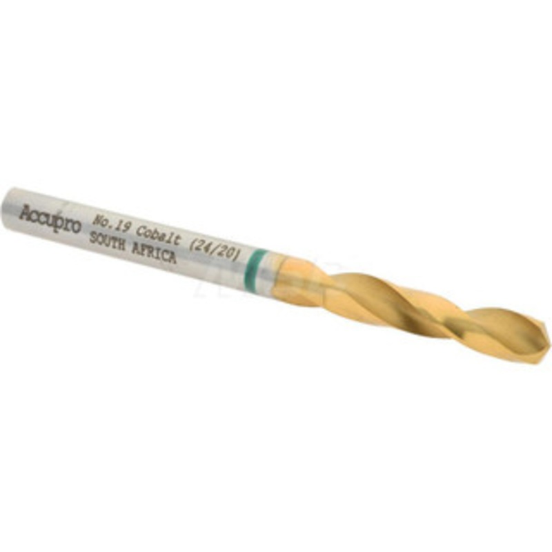 Accupro #19 130 Spiral Flute Cobalt Screw Machine Drill Bit TiN Finish, Right Hand Cut, 22mm Flute Length, 55mm OAL, Split Point, Straight Shank 1GB0422-AC – 56514193