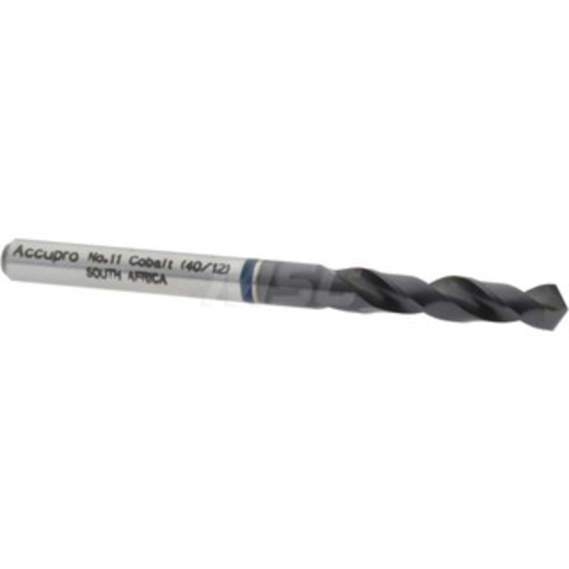 Accupro #11 120 Spiral Flute Cobalt Screw Machine Drill Bit TiAlN Finish, Right Hand Cut, 26mm Flute Length, 62mm OAL, Faceted Point, Straight Shank 1BS0485-AC – 05493648