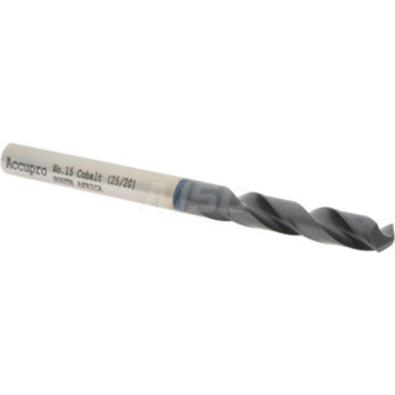 Accupro #15 120 Spiral Flute Cobalt Screw Machine Drill Bit TiAlN Finish, Right Hand Cut, 24mm Flute Length, 58mm OAL, Faceted Point, Straight Shank 1BS0457-AC – 05493598