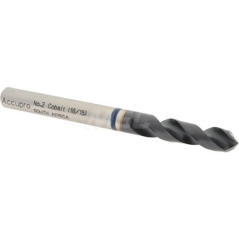 Accupro #2 120 Spiral Flute Cobalt Screw Machine Drill Bit TiAlN Finish, Right Hand Cut, 28mm Flute Length, 66mm OAL, Faceted Point, Straight Shank 1BS0561-AC – 05493770