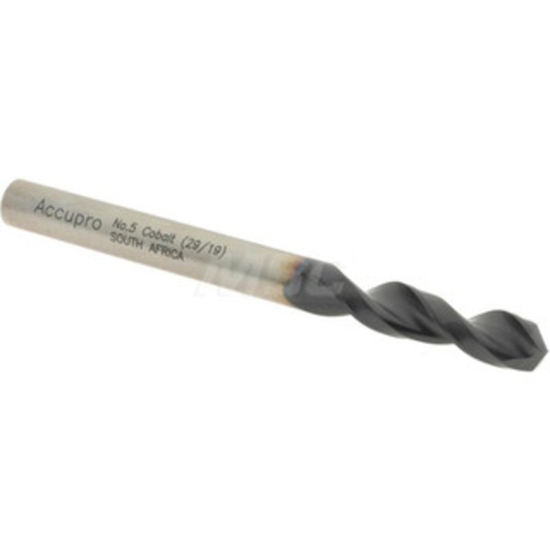 Accupro #5 130 Parabolic Flute Cobalt Screw Machine Drill Bit TiAlN Finish, Right Hand Cut, 1.024 Flute Length, 2.441 OAL, Split Point, Straight Shank 1630522A-AC – 01349083