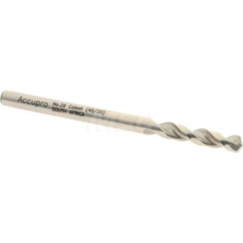 Accupro #29 130 Parabolic Flute Cobalt Screw Machine Drill Bit Bright Finish, Right Hand Cut, 18mm Flute Length, 49mm OAL, Split Point, Straight Shank 1630345-AC – 01331735