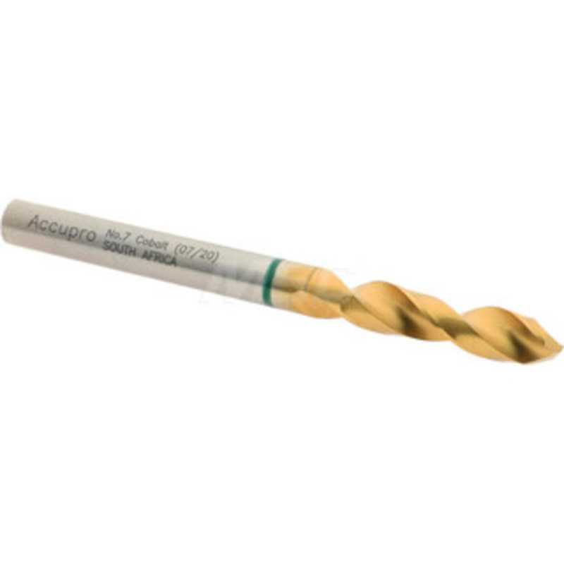 Accupro #7 130 Spiral Flute Cobalt Screw Machine Drill Bit TiN Finish, Right Hand Cut, 26mm Flute Length, 62mm OAL, Split Point, Straight Shank 1GB0511-AC – 56514359
