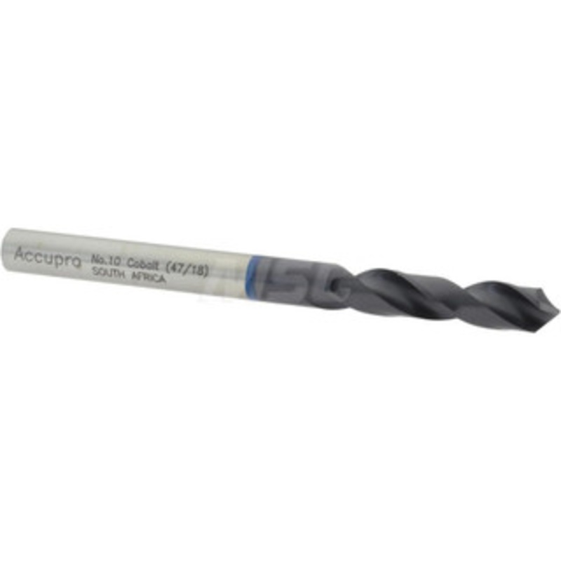 Accupro #10 120 Spiral Flute Cobalt Screw Machine Drill Bit TiAlN Finish, Right Hand Cut, 26mm Flute Length, 62mm OAL, Faceted Point, Straight Shank 1BS0492-AC – 05493655