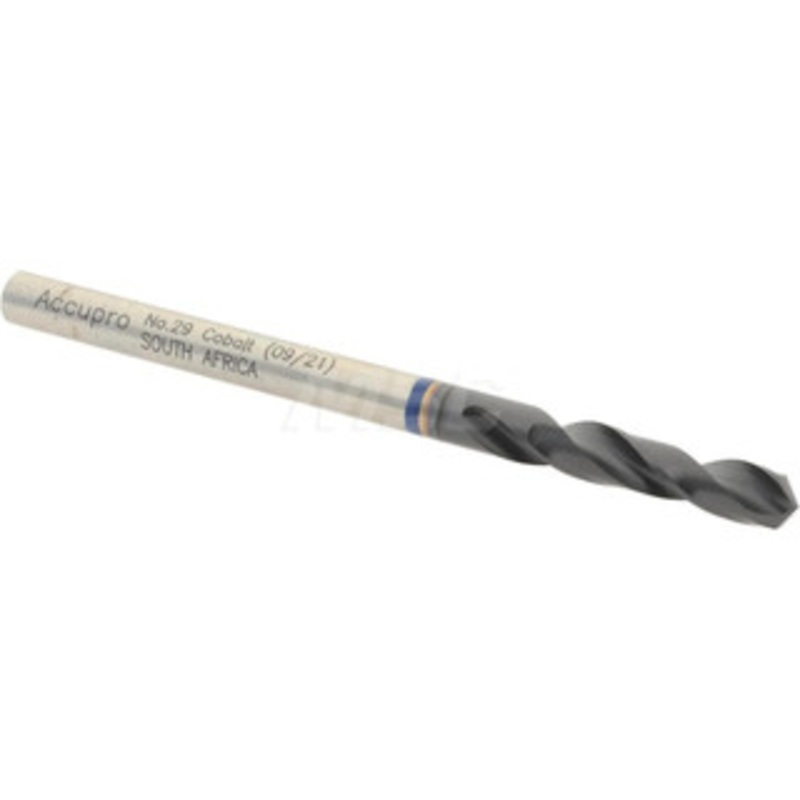 Accupro #29 120 Spiral Flute Cobalt Screw Machine Drill Bit TiAlN Finish, Right Hand Cut, 20mm Flute Length, 52mm OAL, Split Point, Straight Shank 1BS0345-AC – 05493374