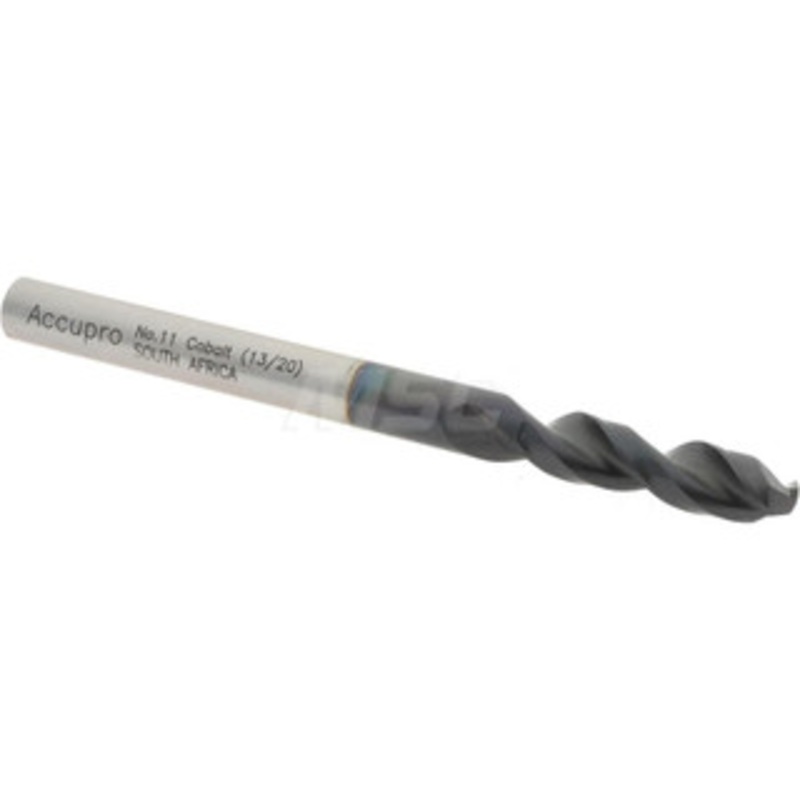 Accupro #11 130 Parabolic Flute Cobalt Screw Machine Drill Bit TiAlN Finish, Right Hand Cut, 1.024 Flute Length, 2.441 OAL, Split Point, Straight Shank 1630485A-AC – 01348986