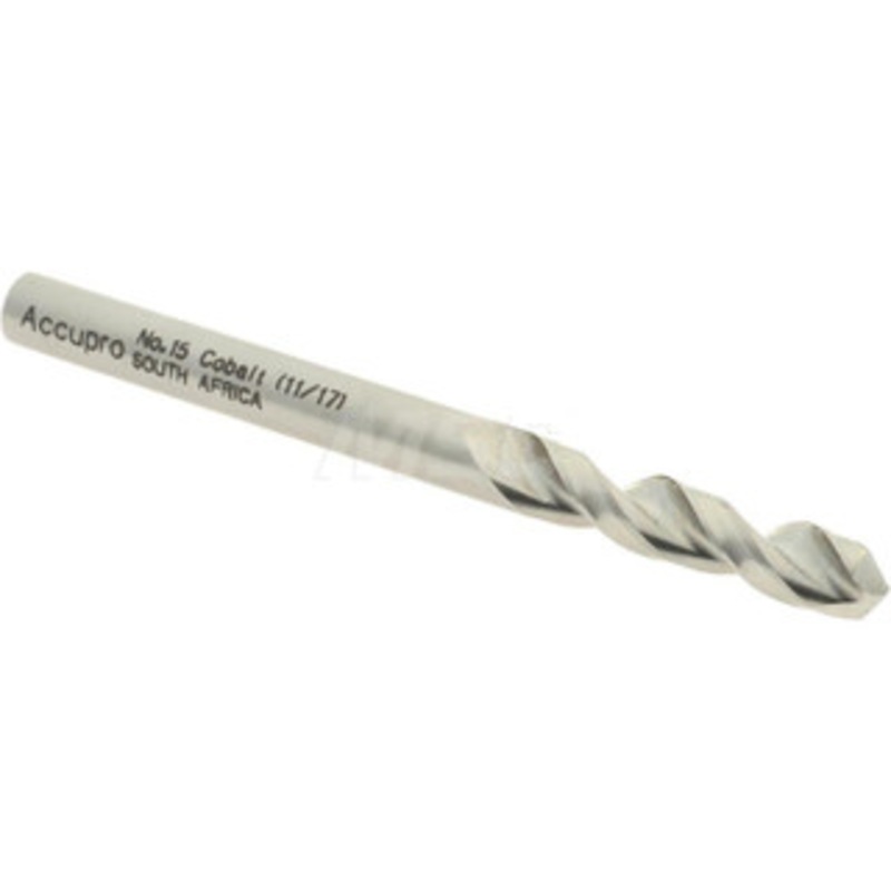 Accupro #15 130 Parabolic Flute Cobalt Screw Machine Drill Bit Bright Finish, Right Hand Cut, 0.945 Flute Length, 2.283 OAL, Split Point, Straight Shank 1630457-AC – 01331990