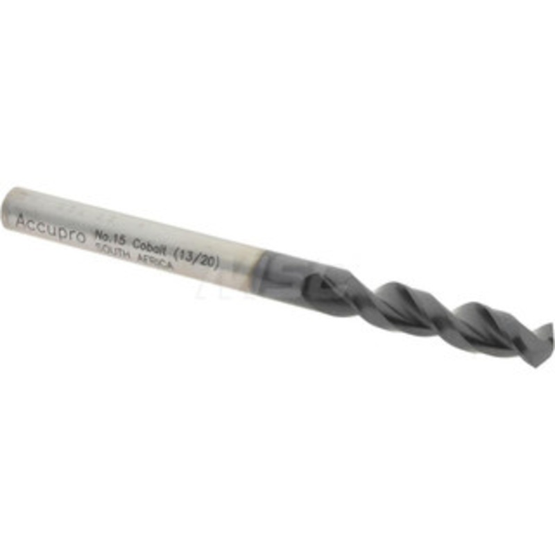 Accupro #15 130 Parabolic Flute Cobalt Screw Machine Drill Bit TiAlN Finish, Right Hand Cut, 0.945 Flute Length, 2.283 OAL, Split Point, Straight Shank 1630457A-AC – 01348911