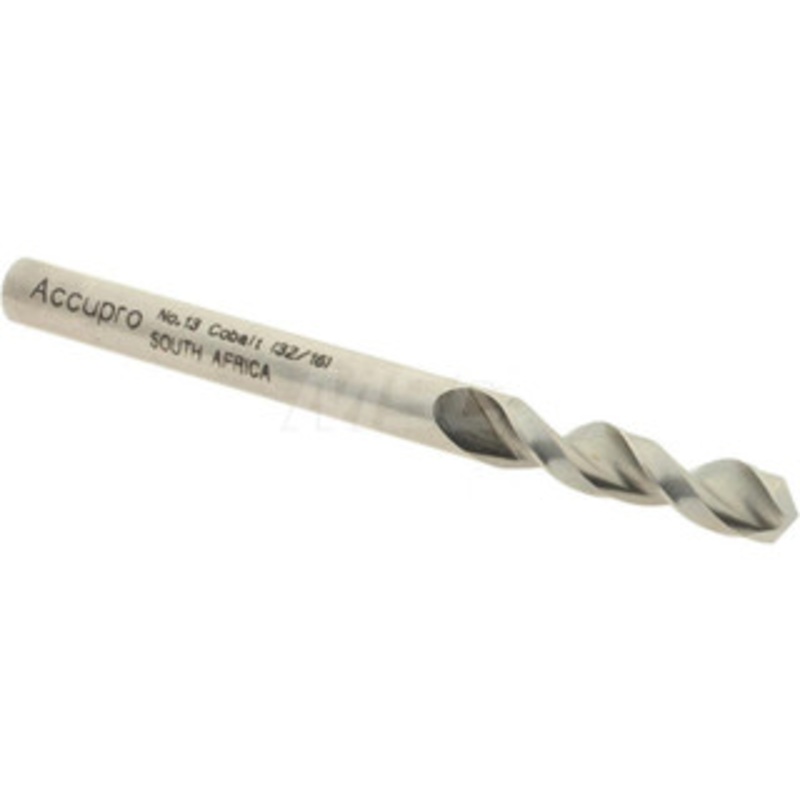 Accupro #13 130 Parabolic Flute Cobalt Screw Machine Drill Bit Bright Finish, Right Hand Cut, 0.945 Flute Length, 2.283 OAL, Split Point, Straight Shank 1630469-AC – 01332022