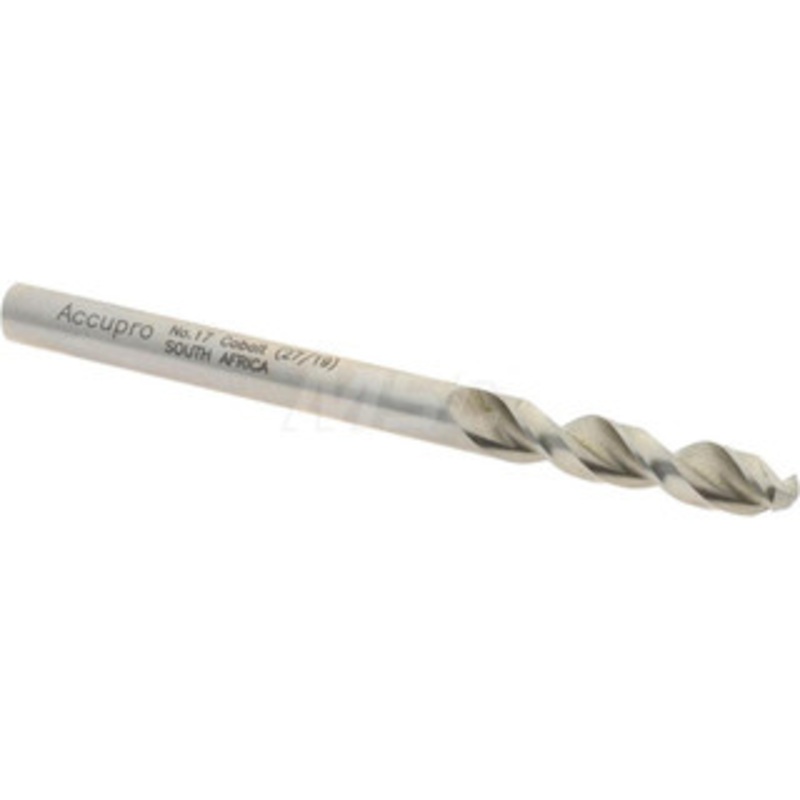Accupro #17 130 Parabolic Flute Cobalt Screw Machine Drill Bit Bright Finish, Right Hand Cut, 0.945 Flute Length, 2.283 OAL, Split Point, Straight Shank 1630439-AC – 01331958