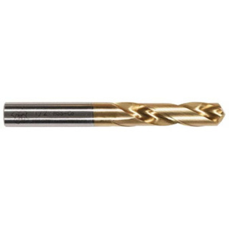 Hertel #53 135 Spiral Flute High Speed Steel Screw Machine Drill Bit TiN Finish, Right Hand Cut, 5/8 Flute Length, 1-5/8 OAL, Split Point, Straight Shank 02387462 – 02387462