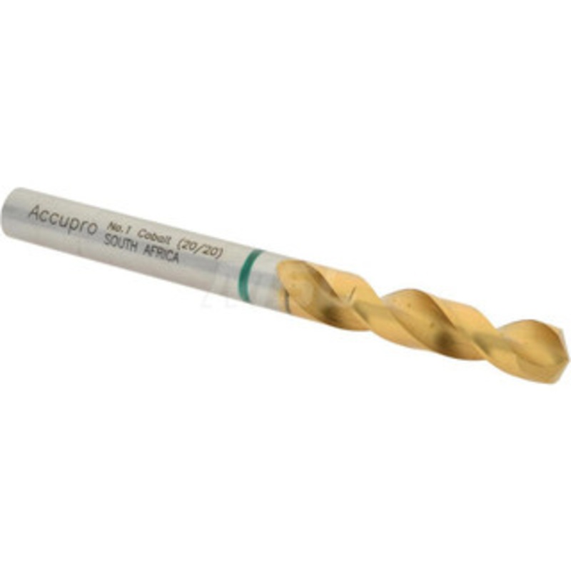 Accupro #1 130 Spiral Flute Cobalt Screw Machine Drill Bit TiN Finish, Right Hand Cut, 28mm Flute Length, 66mm OAL, Split Point, Straight Shank 1GB0579-AC – 56514441