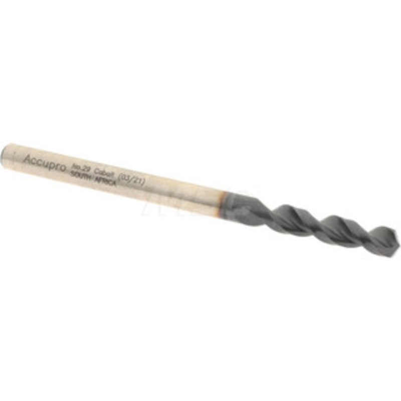 Accupro #29 130 Parabolic Flute Cobalt Screw Machine Drill Bit TiAlN Finish, Right Hand Cut, 18mm Flute Length, 49mm OAL, Split Point, Straight Shank 1630345A-AC – 01348655