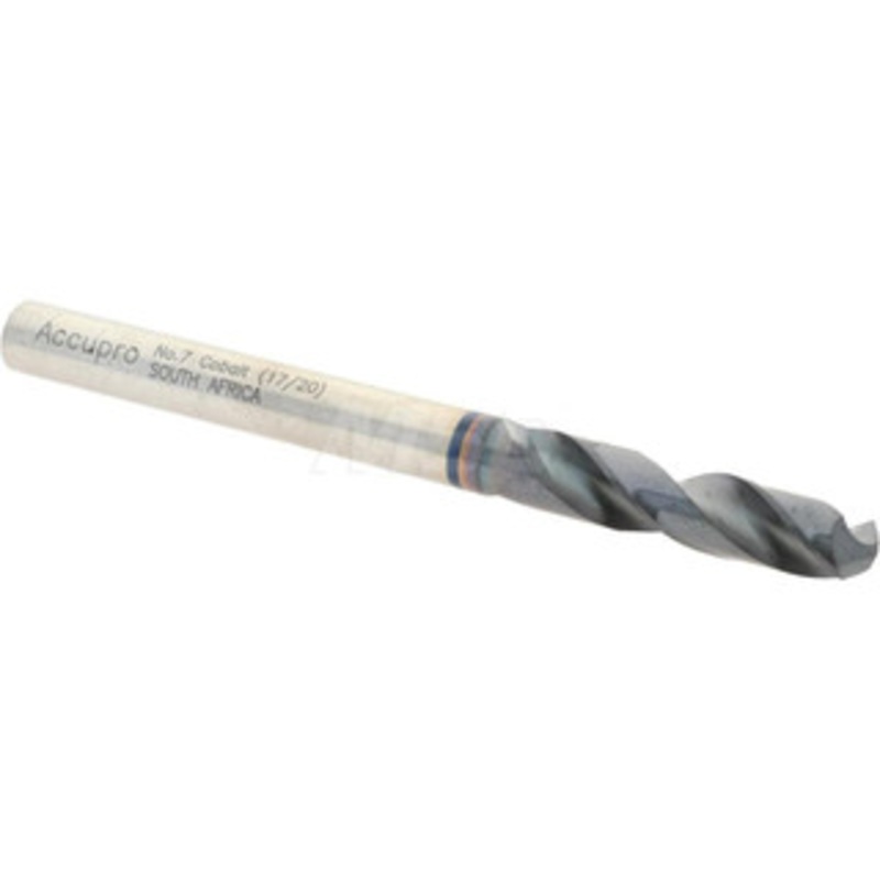 Accupro #7 120 Spiral Flute Cobalt Screw Machine Drill Bit TiAlN Finish, Right Hand Cut, 26mm Flute Length, 62mm OAL, Faceted Point, Straight Shank 1BS0511-AC – 05493697