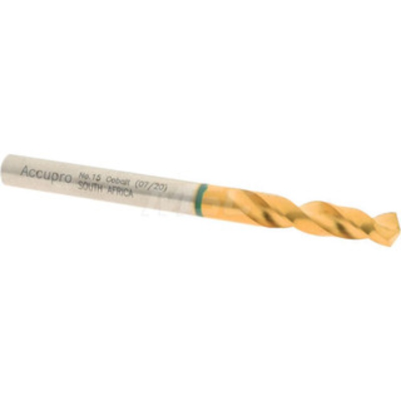 Accupro #15 130 Spiral Flute Cobalt Screw Machine Drill Bit TiN Finish, Right Hand Cut, 24mm Flute Length, 58mm OAL, Split Point, Straight Shank 1GB0457-AC – 56514250