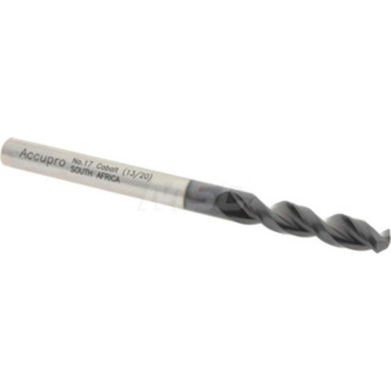Accupro #17 130 Parabolic Flute Cobalt Screw Machine Drill Bit TiAlN Finish, Right Hand Cut, 0.945 Flute Length, 2.283 OAL, Split Point, Straight Shank 1630439A-AC – 01348879