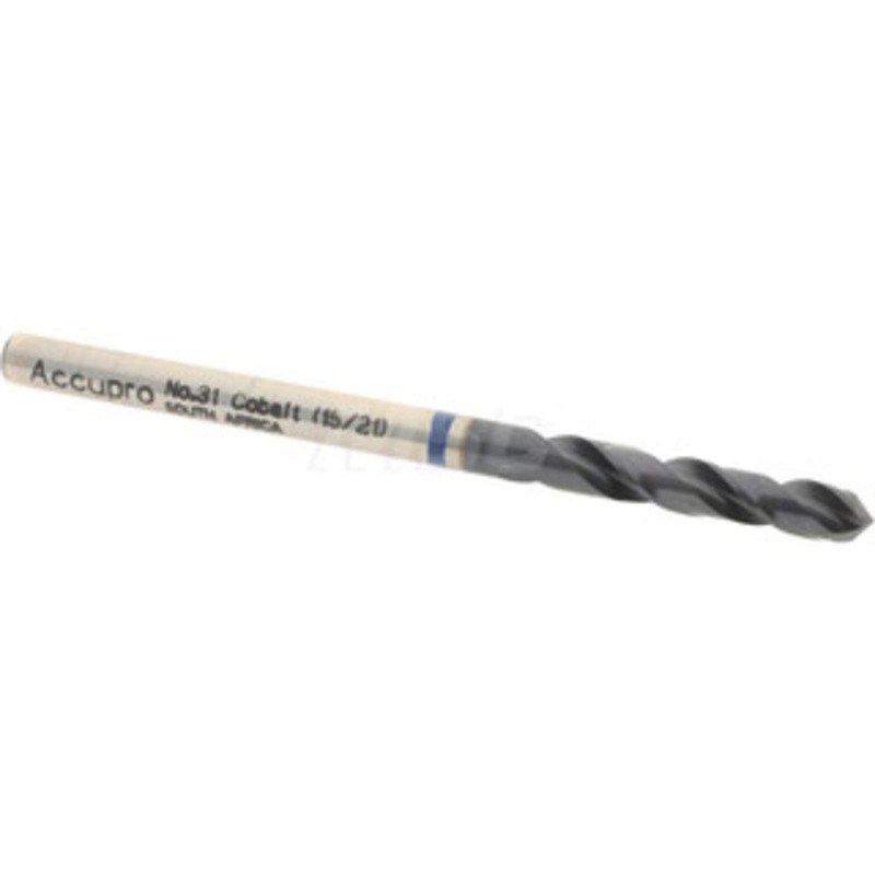 Accupro #31 120 Spiral Flute Cobalt Screw Machine Drill Bit TiAlN Finish, Right Hand Cut, 18mm Flute Length, 49mm OAL, Split Point, Straight Shank 1BS0305-AC – 05493333