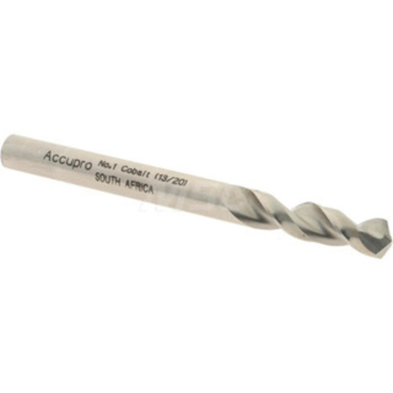 Accupro #1 130 Parabolic Flute Cobalt Screw Machine Drill Bit Bright Finish, Right Hand Cut, 1.102 Flute Length, 2.598 OAL, Split Point, Straight Shank 1630579-AC – 01332279
