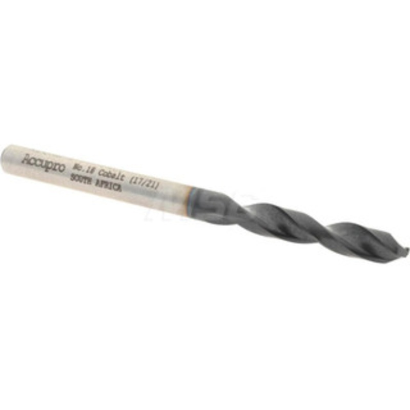 Accupro #18 130 Parabolic Flute Cobalt Screw Machine Drill Bit TiAlN Finish, Right Hand Cut, 0.945 Flute Length, 2.283 OAL, Split Point, Straight Shank 1630431A-AC – 01348853