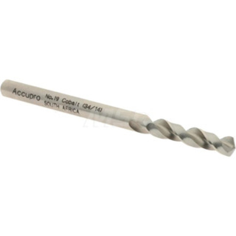 Accupro #19 130 Parabolic Flute Cobalt Screw Machine Drill Bit Bright Finish, Right Hand Cut, 0.866 Flute Length, 2.165 OAL, Split Point, Straight Shank 1630422-AC – 01331917