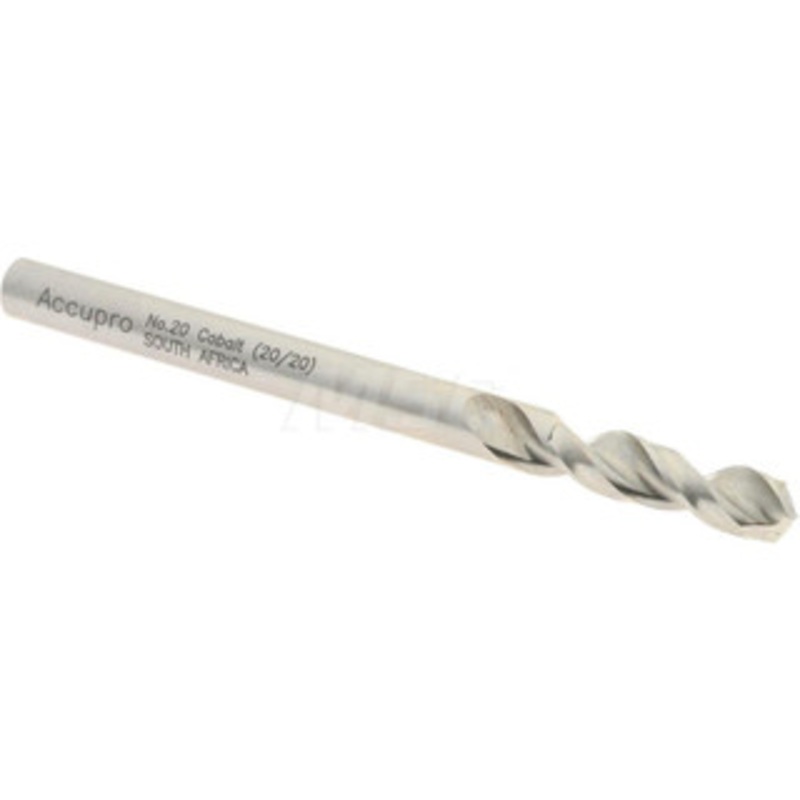 Accupro #20 130 Parabolic Flute Cobalt Screw Machine Drill Bit Bright Finish, Right Hand Cut, 0.866 Flute Length, 2.165 OAL, Split Point, Straight Shank 1630409-AC – 01331883