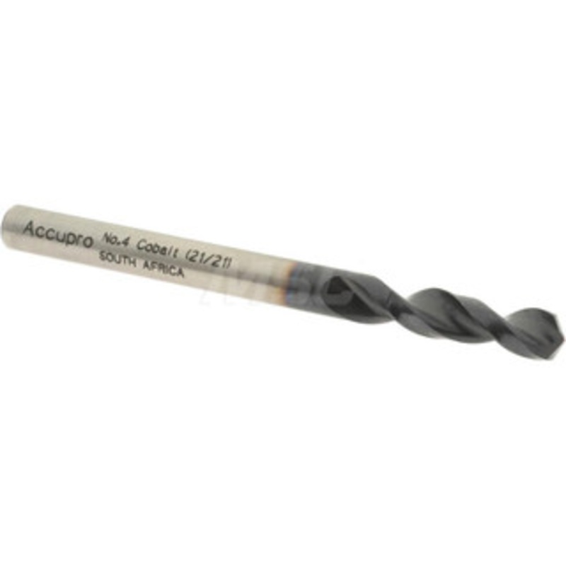 Accupro #4 130 Parabolic Flute Cobalt Screw Machine Drill Bit TiAlN Finish, Right Hand Cut, 1.102 Flute Length, 2.598 OAL, Split Point, Straight Shank 1630532A-AC – 01349109